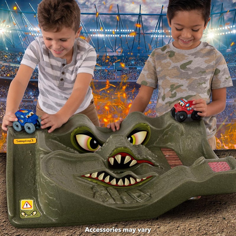 SIMPLAY3 Title: Monster City Extreme Wheels Car Race Track Table - 2 Sided Portable Kids Play Table with 2 Race Trucks - Green - Made in USA - Image 2